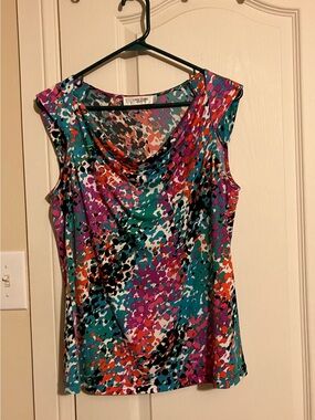 Jones New York Teal Multi-Color Drape Neck Sleeveless Camisole